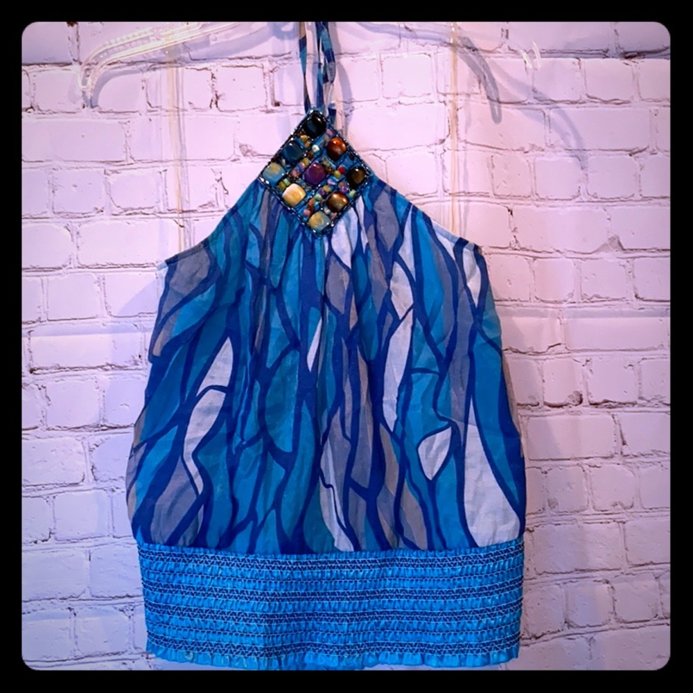 Blue Halter Top with Beaded Details Size S